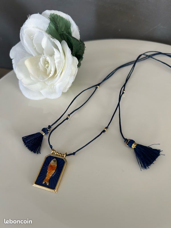 Pendentif poisson articulé en argent, émaillé de cobalt, cloisonné chinois ancien - France