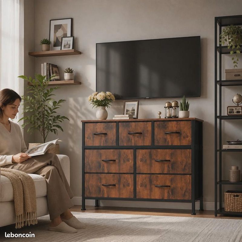 Commode marron à 7 tiroirs en tissu, structure en métal et plateau en bois, meuble de rangement pour chambre à coucher (image 5)
