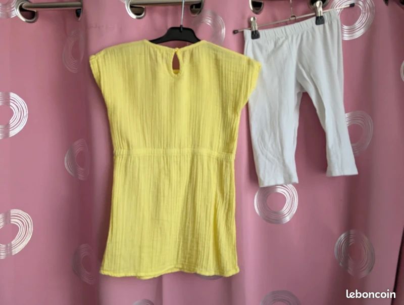 Ensemble été Verbaudet robe jaune brodé et legging short blanc 6 ans (image 3)