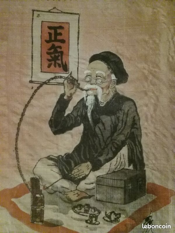 Peinture sur soie Indochine XX° " le Juste fumant" (image 2)