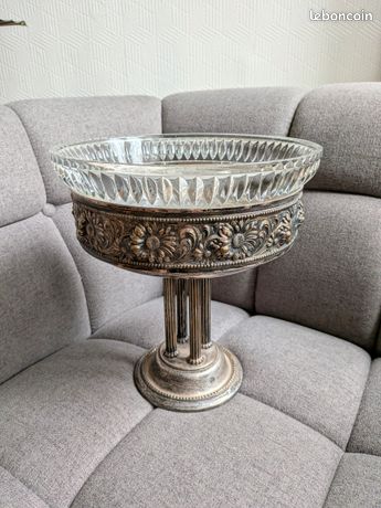 Centre De Table Ou Coupe Sur Pied Vintage Métal Argenté Avec Verrine