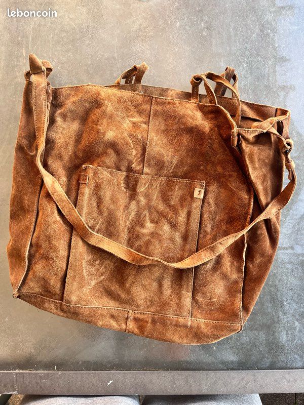 Grand Sac Cabas Cuir Gras Marron - Anses Doubles, Made In Italy, Occasion