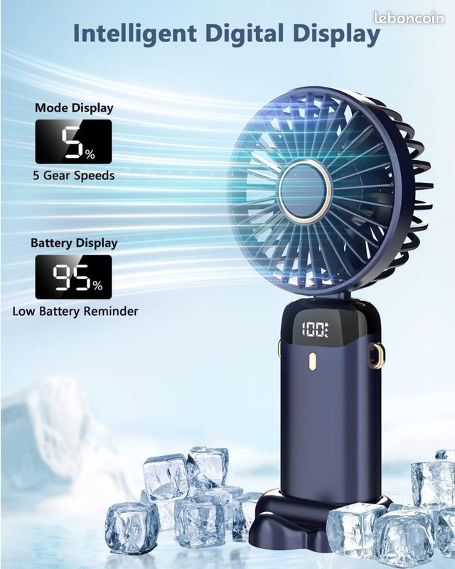 1 Mini ventilateur portatif pliable, ventilateur rechargeable USB à 5 vitesses 1800mAh, Bleu (image 20)