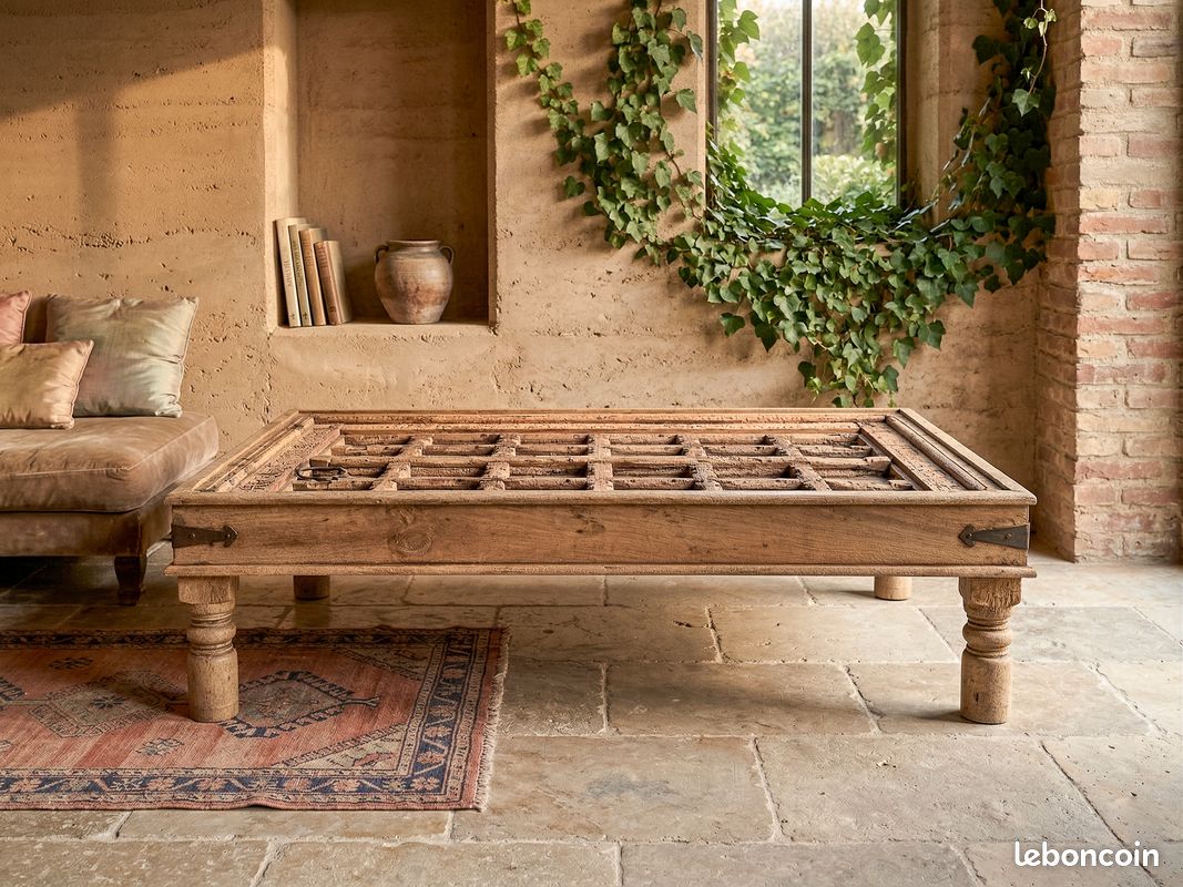 Porte de haveli en teck vers 1900 – 160×106 cm – rosaces laiton – table/plateau (image 2)