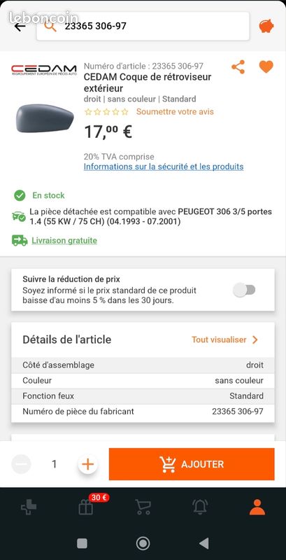 Coque de rétroviseur droit Peugeot 306 (image 1)