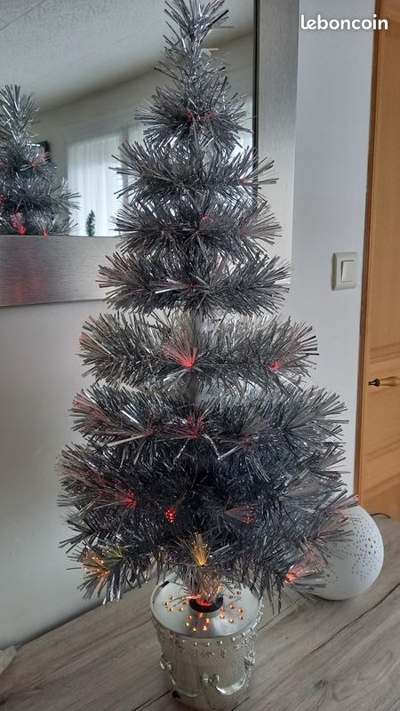 Sapin de noël décoratif à led en bois - métal argent - naturel 8x8x17.5