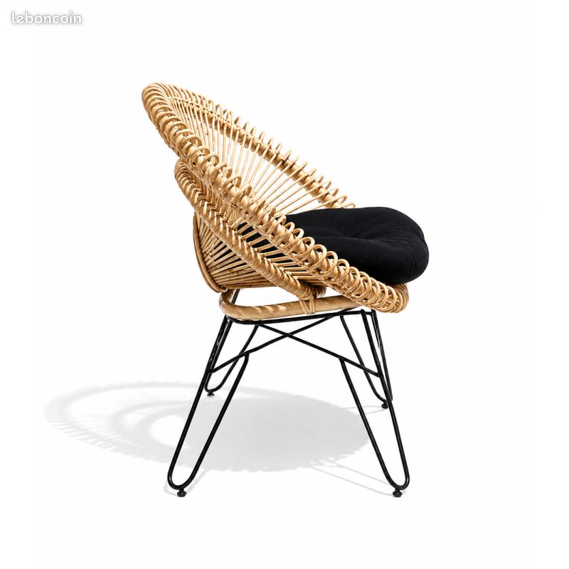 DESTOCKAGE - Fauteuil en Rotin "Oslo" avec Coussin Noir - Chaise pour Extérieur ou Intérieur - Pied (image 4)