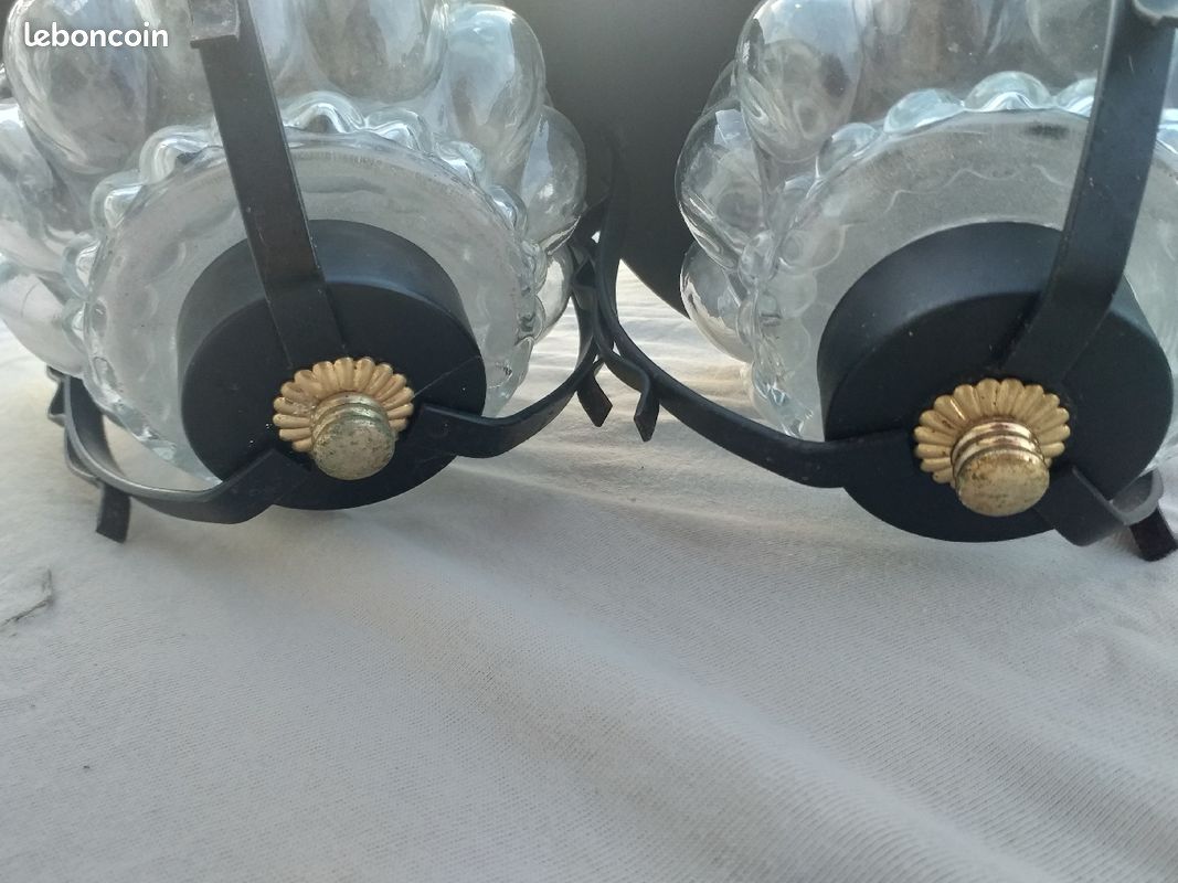 Suspension fer, globe verre martelé à bulles années 60/70 (image 2)