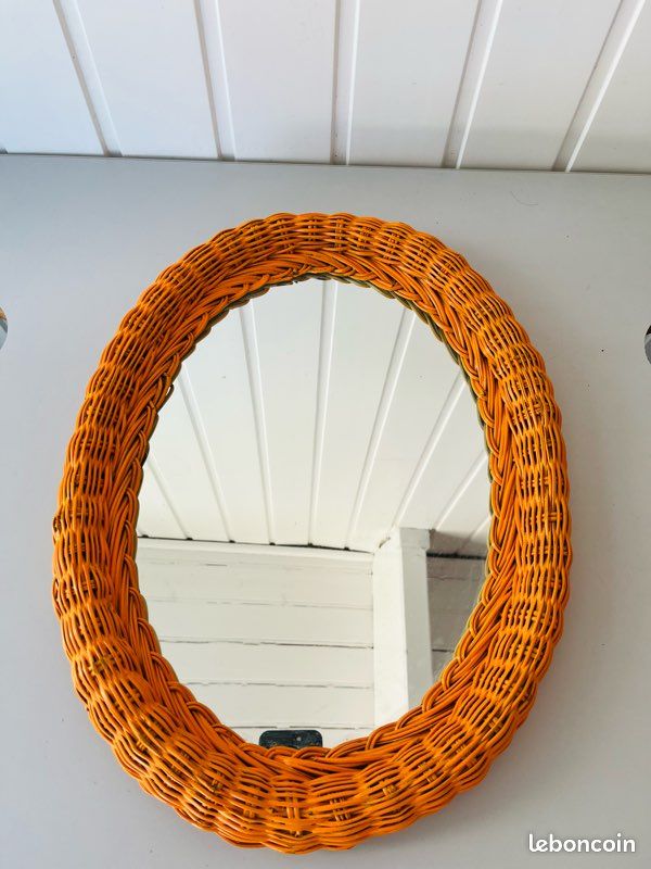 Miroir Ovale en Osier Tressé Orange Vintage Années 70 (image 1)