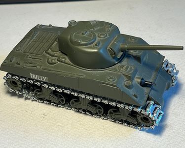 Miniature Char Sherman américain échelle 1/50 filet camouflage métal années 90 collection militaire jouet ancien - Collection
