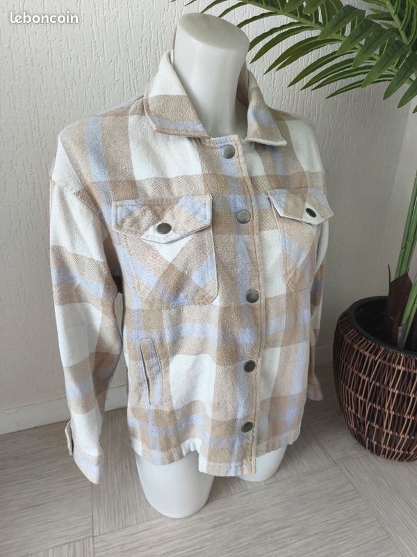 Veste chemise à carreaux bucheron, beige et bleu marque jennyfer