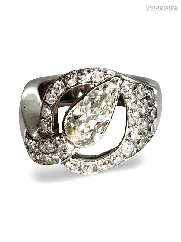 Bague Cocktail Or 18k Et Platine Avec Diamants - Style Années 50 - Taille 59 - État Occasion Porté