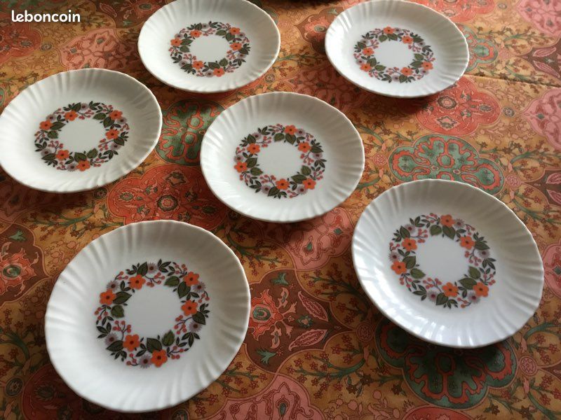 6 assiettes à dessert arcopal fleurs oranges vintage - Arts de la table