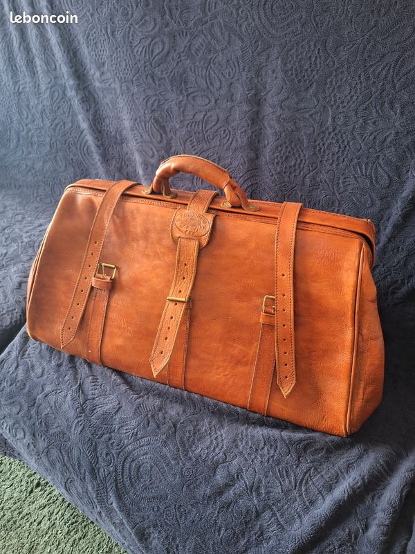 Grand Sac De Voyage Vintage LEO ISBA - Cuir Marron - Années 1970 - France