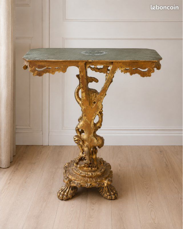 Grande console ancienne de style baroque, à décor de chérubin doré (image 4)