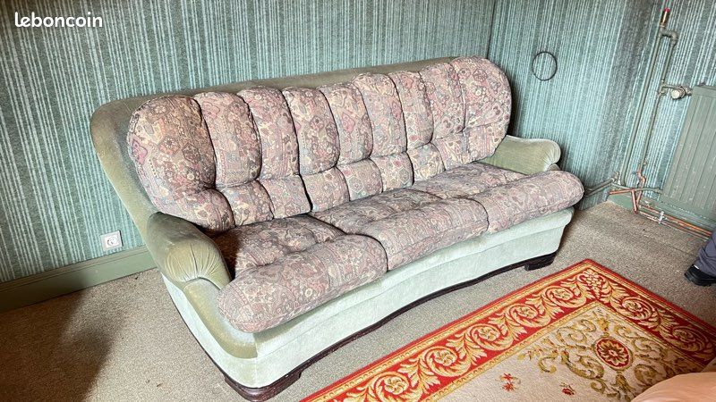 Canapé convertible 2 places + 2 fauteuils assortis – Tissu fleuri vintage (image 1)