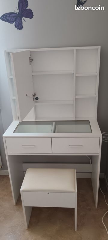 Coiffeuse blanche avec tabouret et miroir LED (image 2)