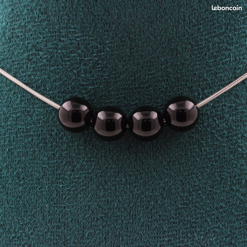 Collier 4 perles Agate noire 8 mm chaine en acier inoxydable (image 1)