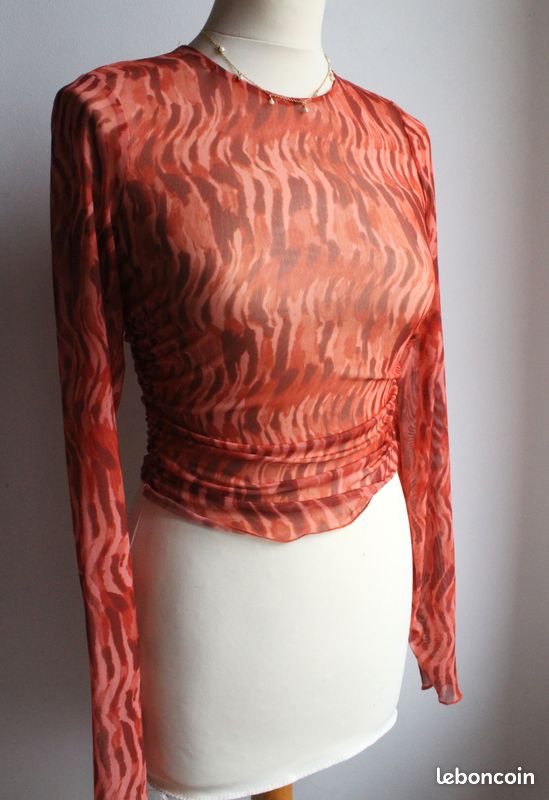 Haut Zara Imprimé Orange Et Bleu - Manches Courtes, Coton, Occasion Très Bon état