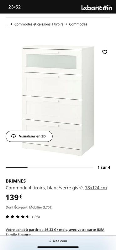 Commode 4 tiroirs BRIMNES IKEA, parfait état, blanc/verre givré (image 3)