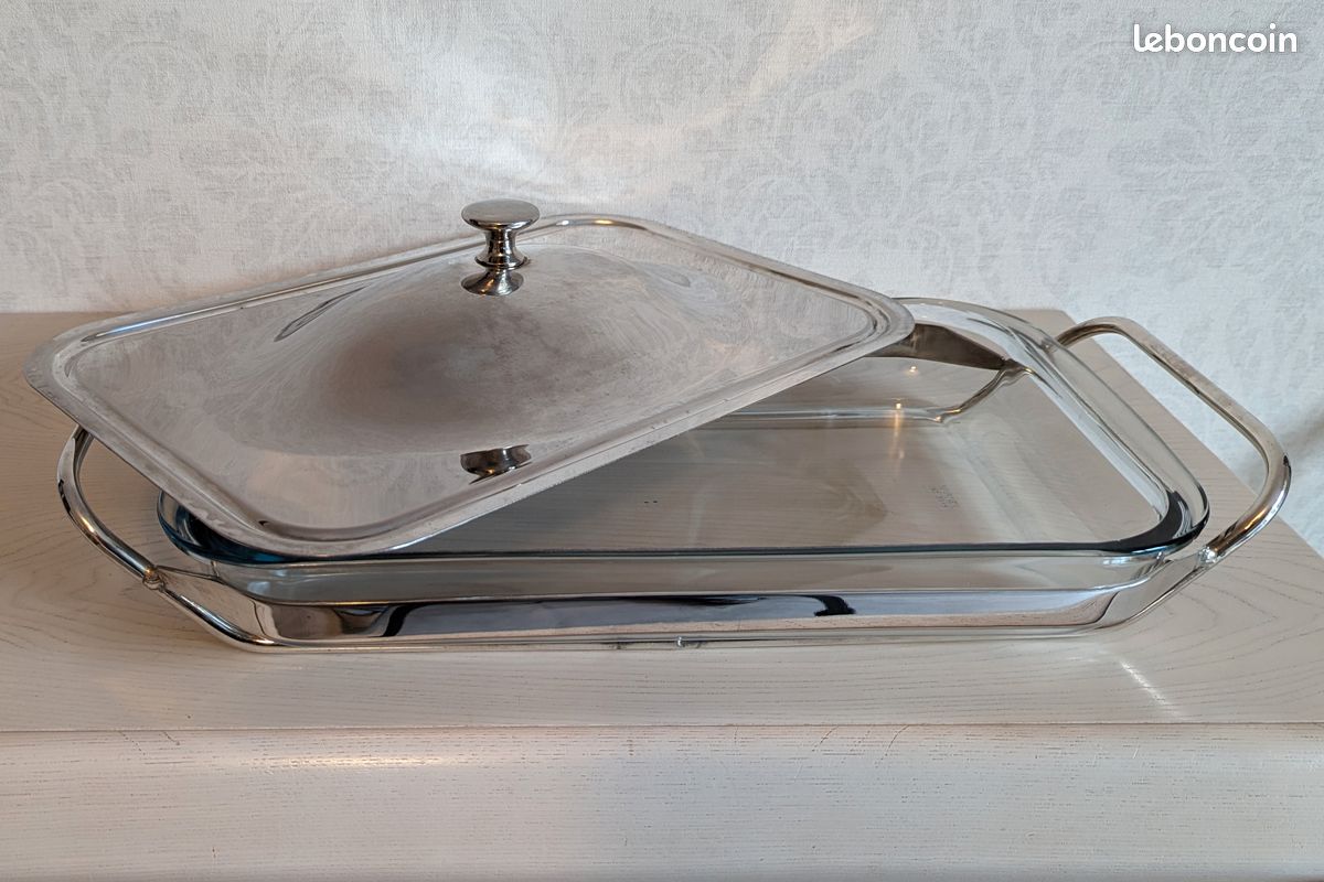 Chauffe-plat en métal argenté, avec réchaud articulé - Arts de la table