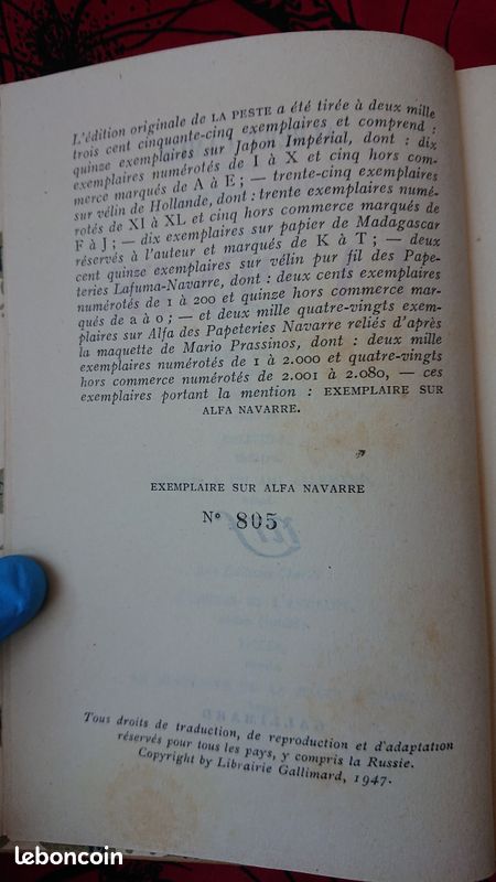 Albert Camus – La Peste – Édition originale – Gallimard 1947 – Exemplaire numéroté (image 6)