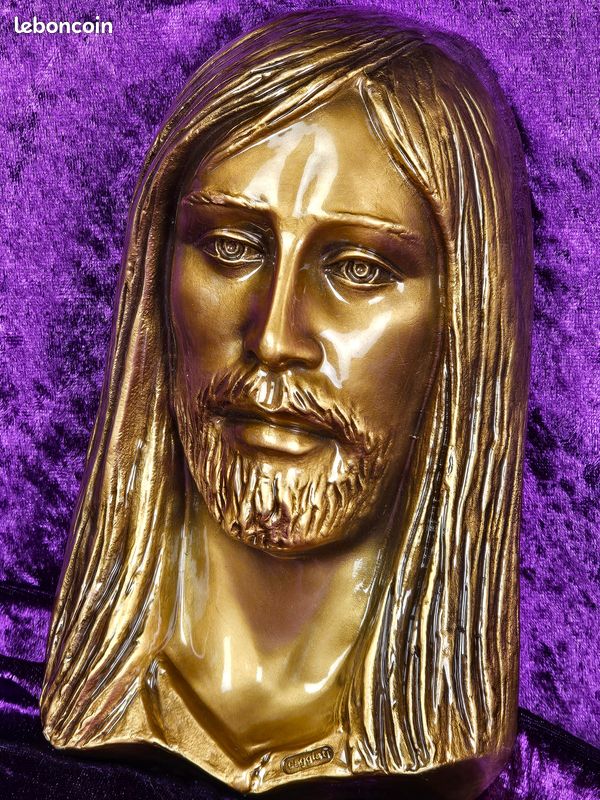 Plaque effigie reproduction Jésus Christ en bronze patiné brillant Caggiati vintage (image 3)