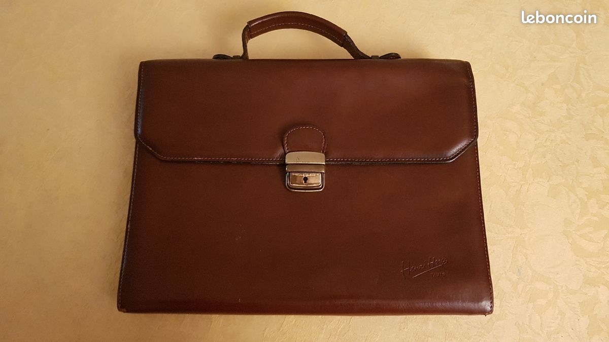 Serviette ancienne en cuir vieilli - marque Henri HERY (image 1)