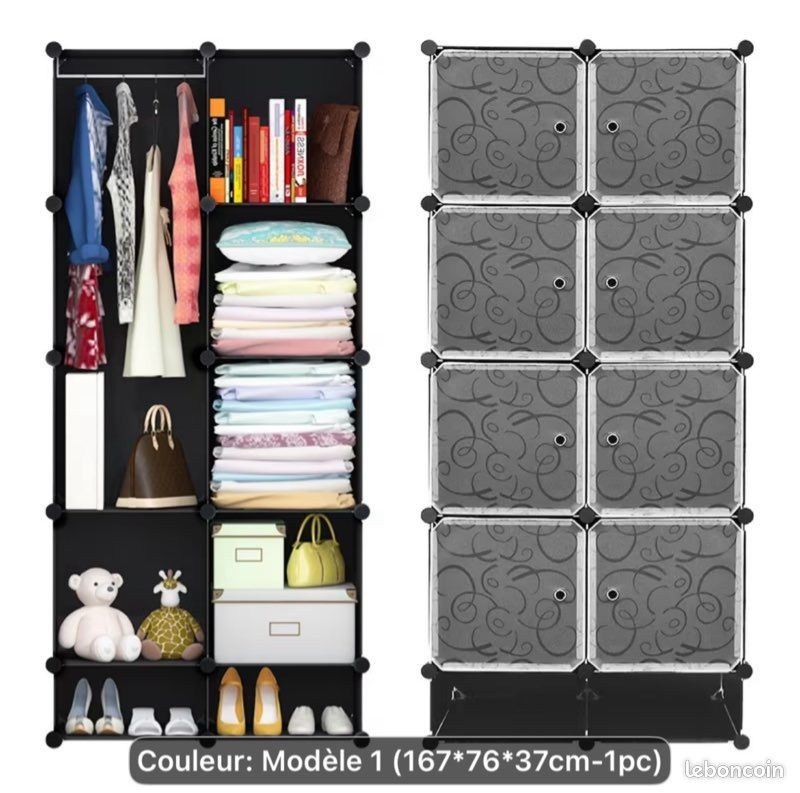 Armoire de rangement modulable – Dressing en plastique avec penderie – 167 × 76 × 37 cm (image 1)