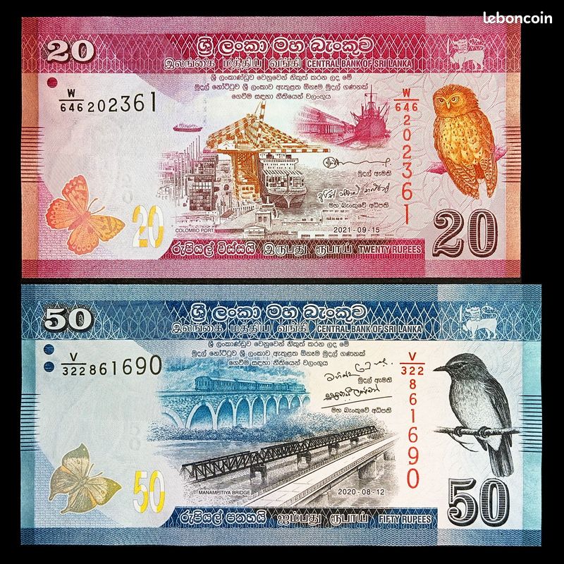 Lot de 2 billets de banque 2020-21 Sri Lanka 20 50 Roupies (361) UNC ...