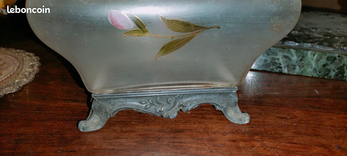 Magnifique Seau à biscuits en verre émaillé Legras pot rectangle monture Rocaille Louis XV / rare forme tombeau collection objet vitrine (image 18)