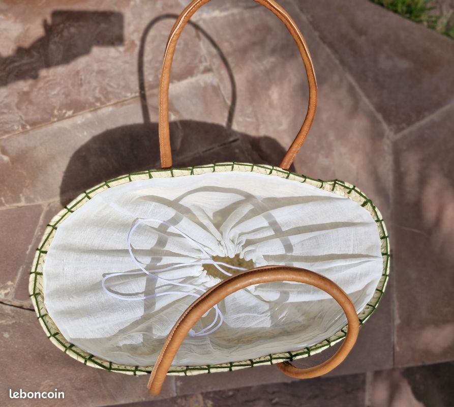 Sac à Main Fourre-Tout Panier En Paille Avec Appliques Fleurs - Couleur Beige/Bordure Paille - Dimensions 16x10x7 Pouces - Occasion