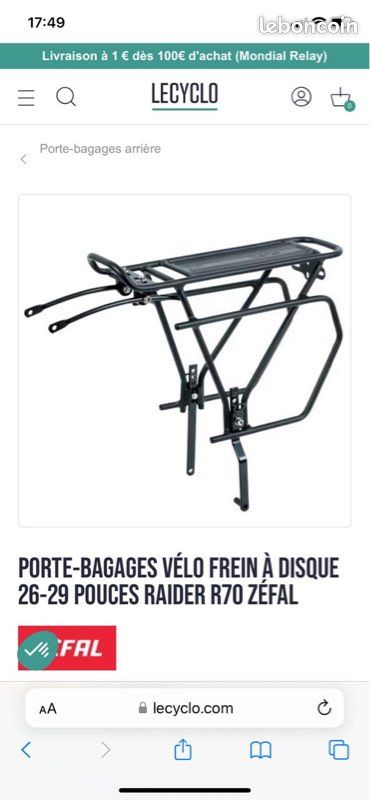 Zefal Raider R70 Velo Raider Porte Bagages Vélo Freins à Disque