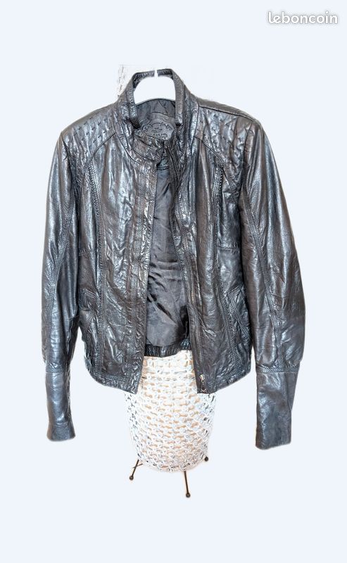 Veste blouson jacket perfecto vrai cuir noir surpiqûre taille M/38
