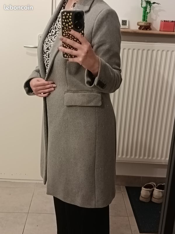 Manteau femme long type laine gris clair taille M (image 3)