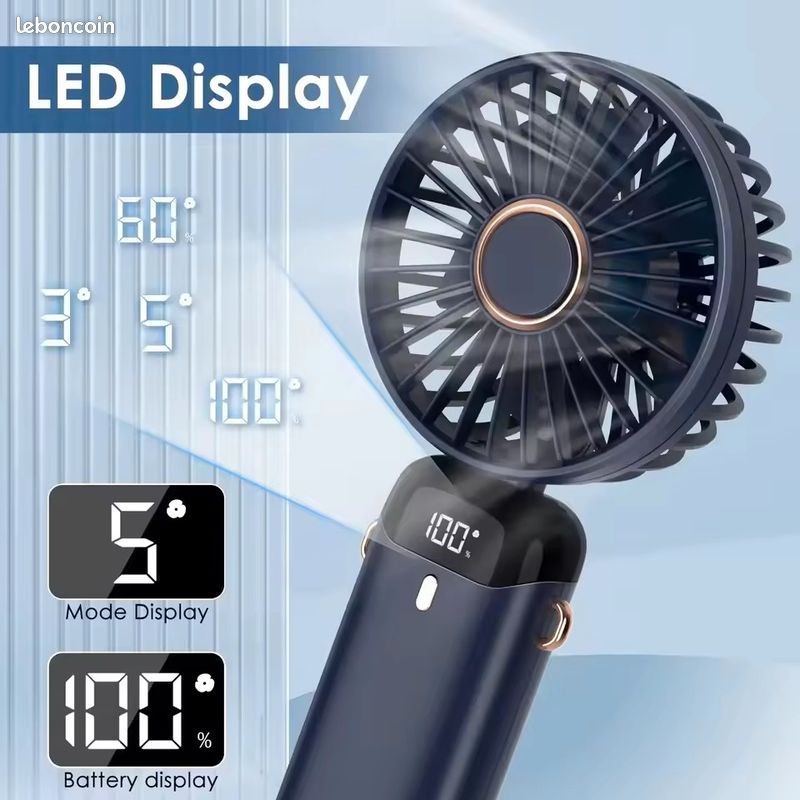 Ventilateur Portable Rechargeable Usb Ventilateur Portable Mini Rechargeable USB – 5 Vitesses, Affichage LED, Pliable 90°, Idéal Bureau, Voyage Mini Ventilateur Bureau 5 Vitesses