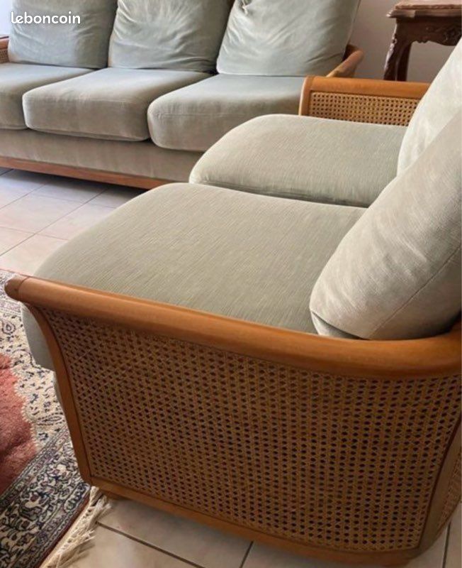 Canapé vintage Roche Bobois 3 places bois cannage velours vert amande (image 11)