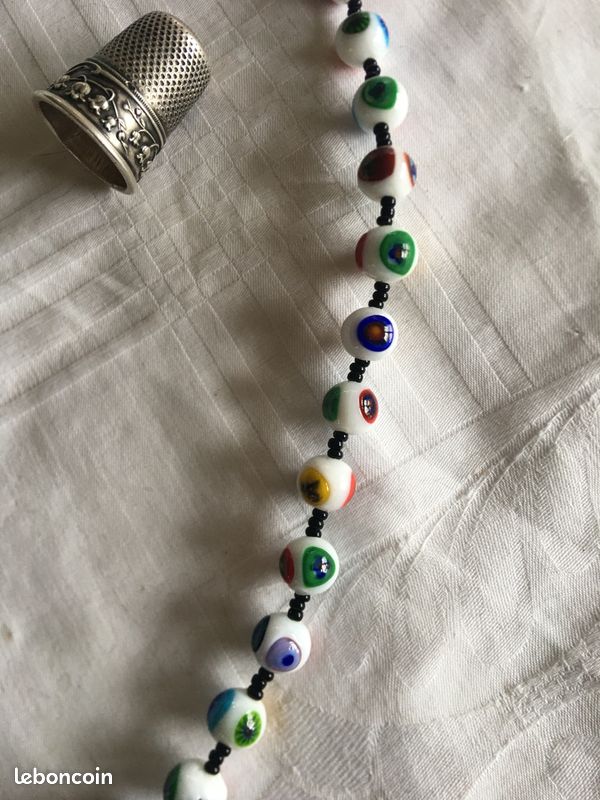 Collier Vintage Perles verre Murano? Multi Pampilles Argente long 45cm Tbe