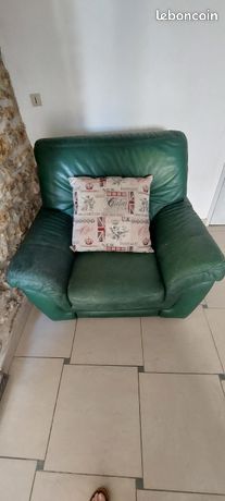 Fauteuil en cuir vert et merisier d'occasion - Ameublement