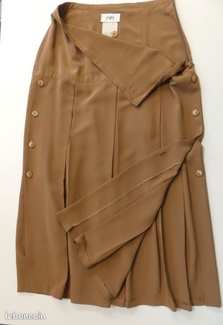 Jupe Longue ZAPA Plissée En Polyester, Beige Foncé, Taille 36 - Made In France, Très Bon état