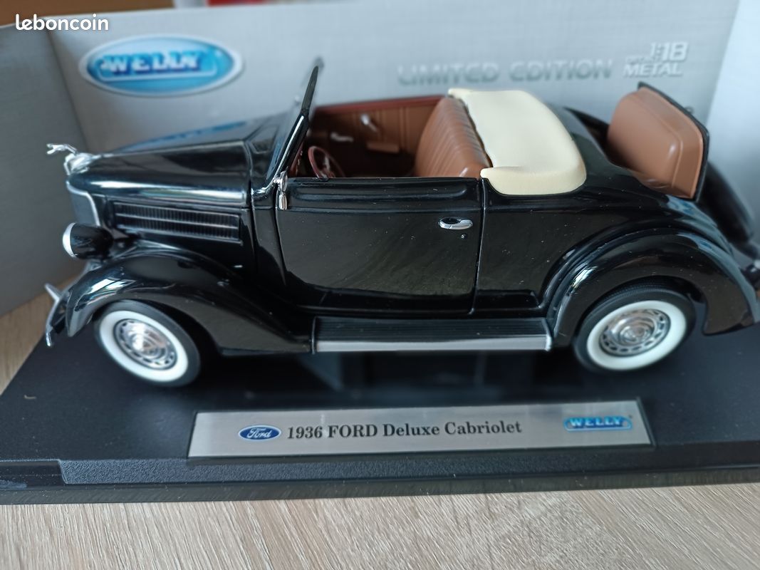 LE098 WELLY 9867W Voiture 1/18 1:18 Ford Deluxe Cabriolet 1936 Noire – Miniature De Collection