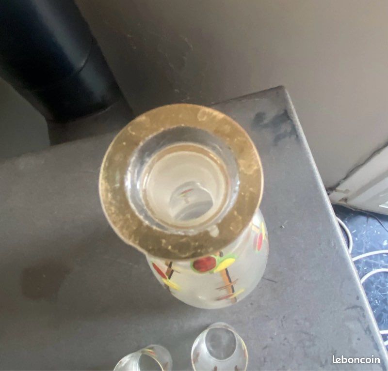 Carafe emaillee verre irise epoque art nouveau + 4 verres (image 7)