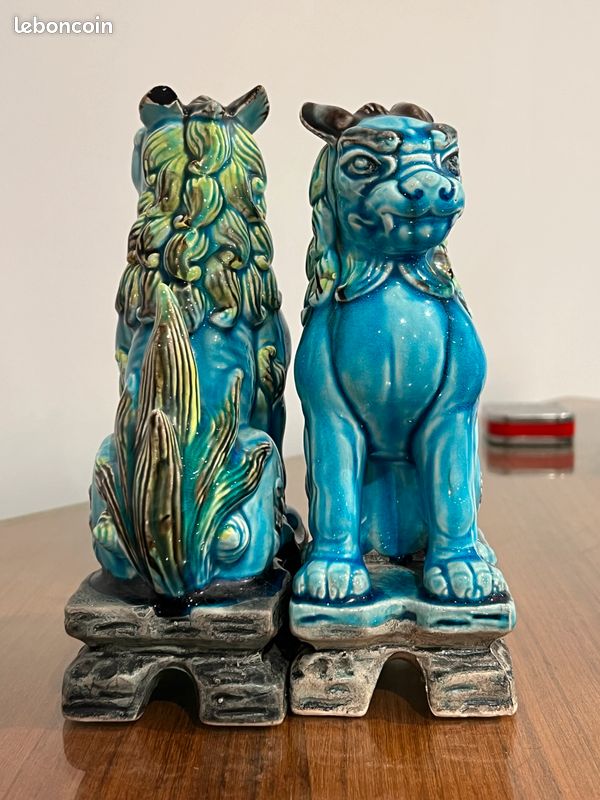 2 figurines de chien FOO japonaises années 50 en céramique bleue et verte (image 7)
