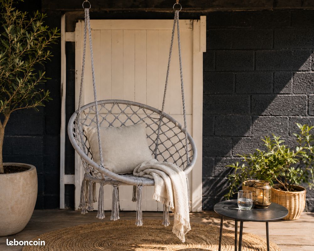 Siège suspendu macramé gris – neuf – style bohème (image 1)