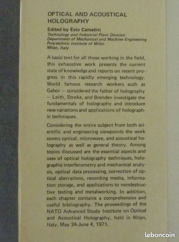 Ouvrage scientifique : “ Optical and acoustical Holography ”. Etat comme neuf (image 2)