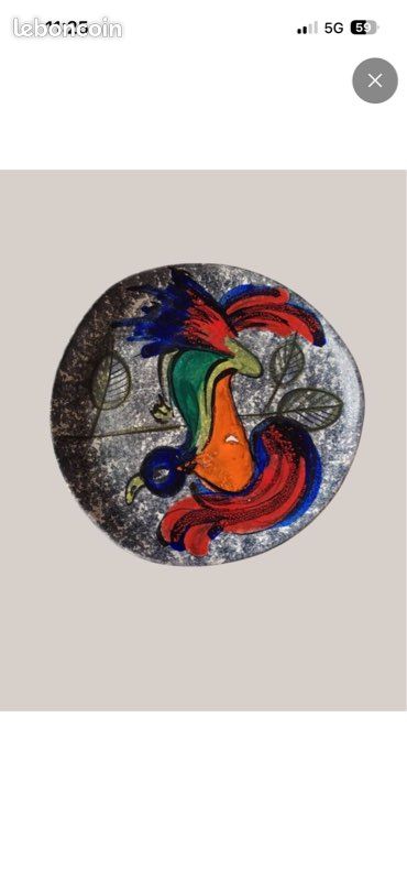 Assiette décorative en émail / céramique d'art – Jean Jalu – Décor Oiseau stylisé vintage 50s-70s (image 2)