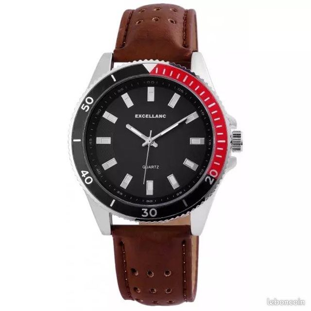 Montre marque Excellanc homme fond noir bracelet marron (image 1)