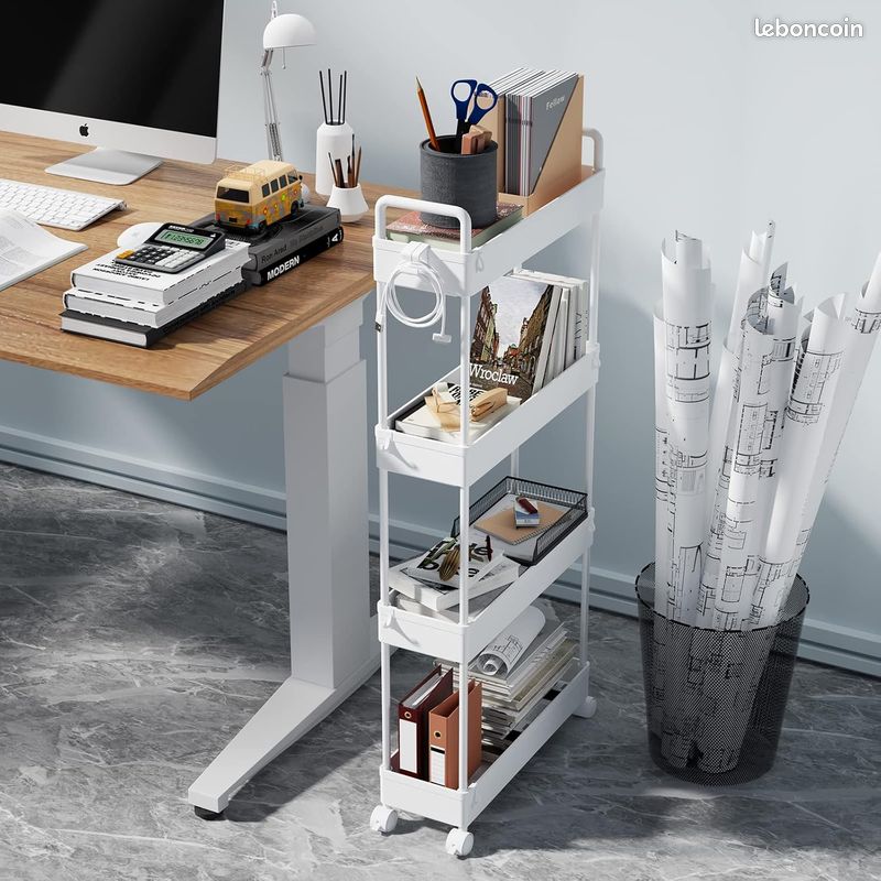 Chariot de Rangement Mobile à 4 Niveaux – Étagère Coulissante Gain de Place pour Cuisine, Salle de Bain et Buanderie – Blanc (image 3)