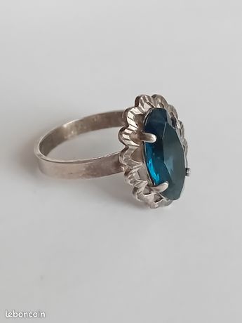 Bague En Argent Sterling Avec Grosse Pierre Bleue Ovale - Taille 57 - Occasion