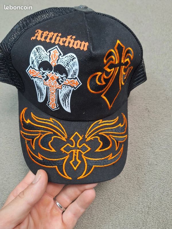 Casquette Affliction rock trucker snapback gothique y2k croix broderies noir Homme #AF01 (image 4)